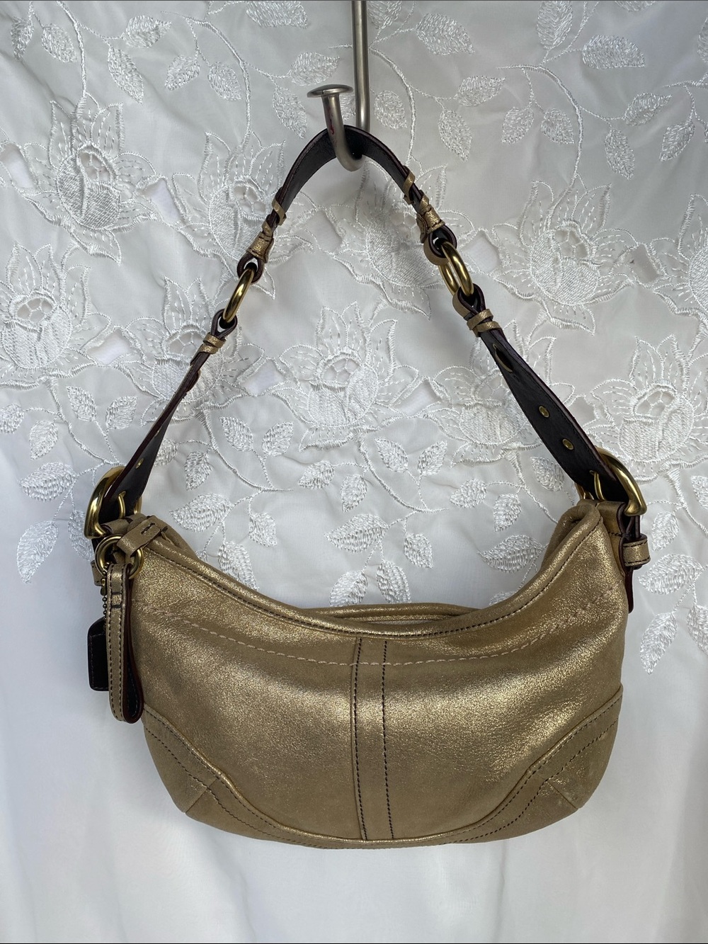Vintage Coach 3685 Metallic Gold Leather Shoulder Bag with Dark Brown Strap